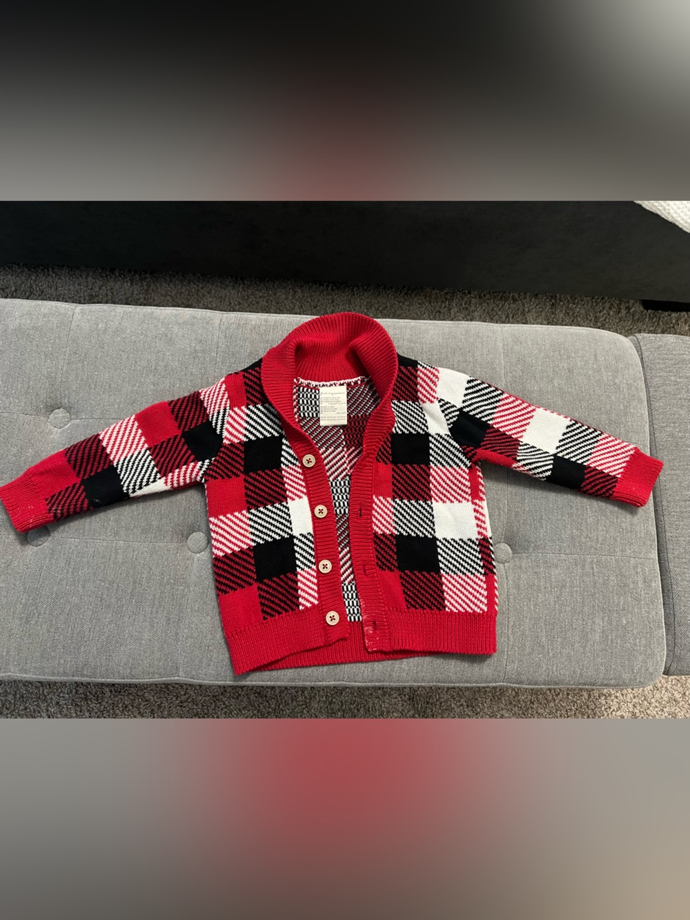 First Impressions Red Black White Plaid Shawl-Collar Cardigan